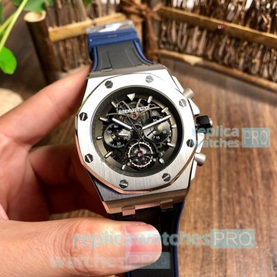 Copy Audemars Piguet Royal Oak Chronograph Silver Bezel Black & Blue Rubber Strap Watch